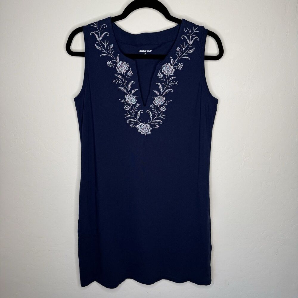 Lands End Womens Medium Split V Neck Embroidered Floral Cotton Tank Dress Mature